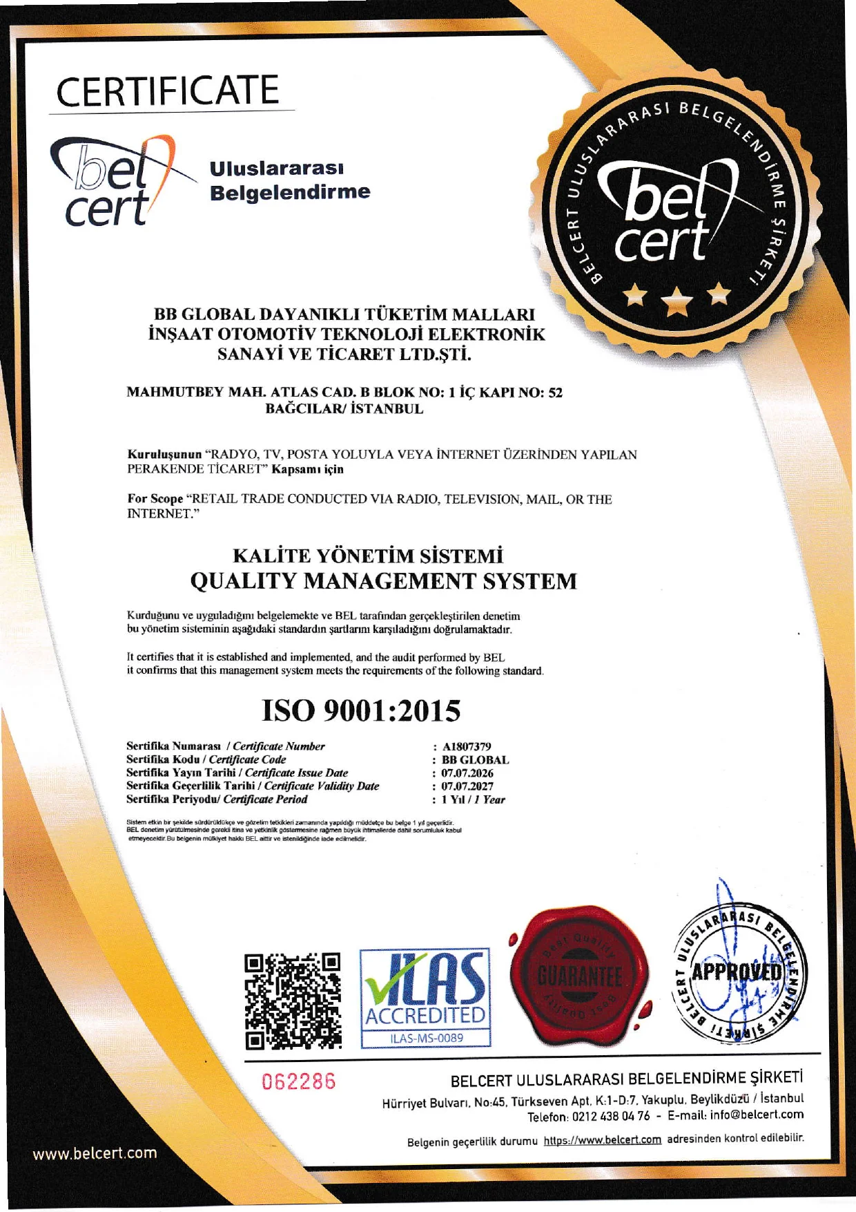 ISO 9001 Kalite Yönetim Sistemi Sertifikası