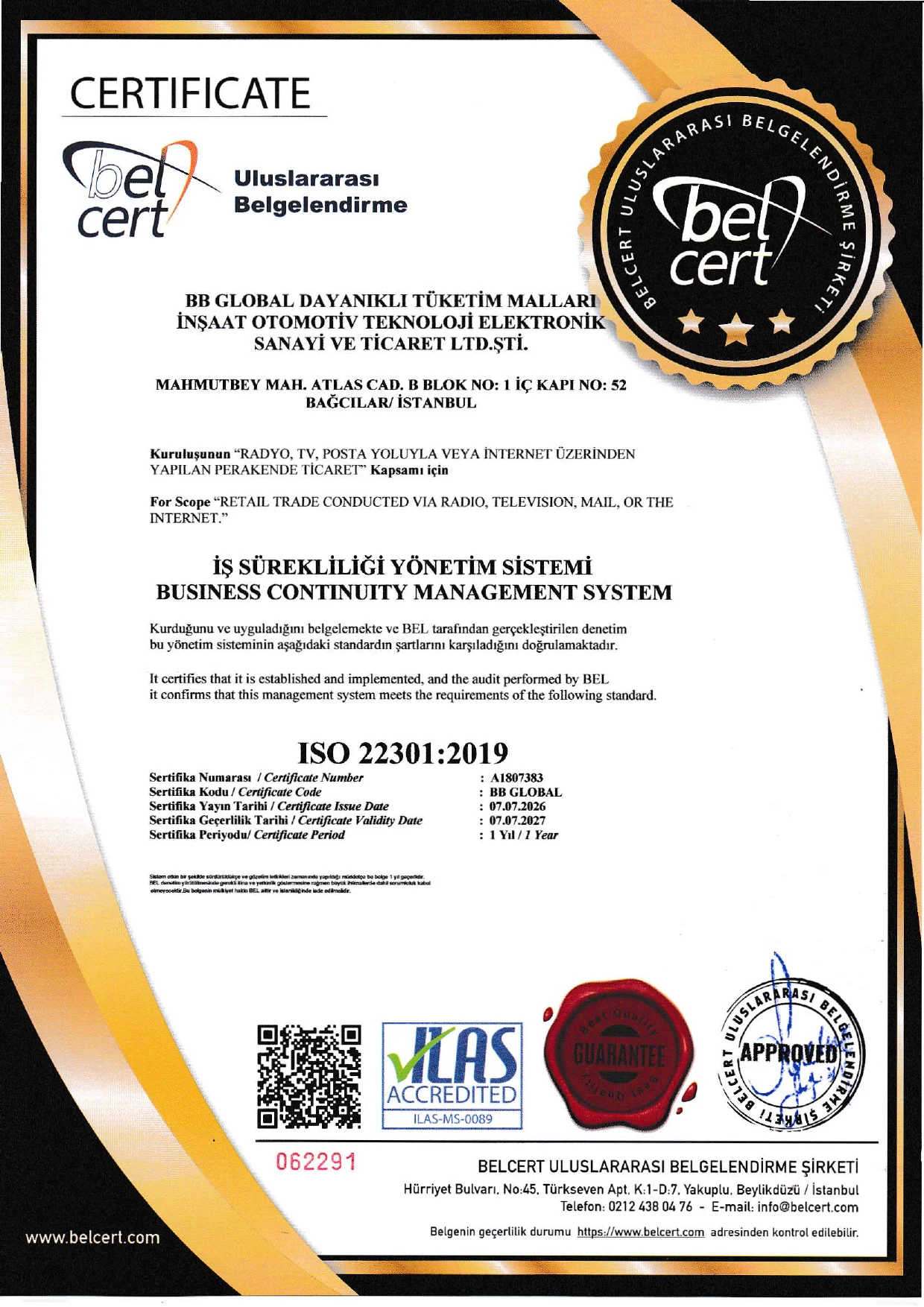 ISO 22301 İş Sürekliliği Yönetimi Sertifikası